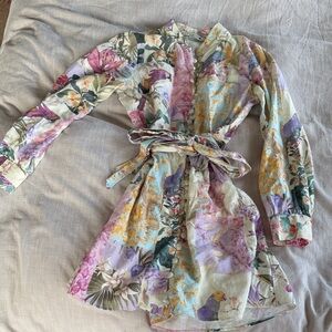 Zara Button-Front Belted Dress in Pastel Multi